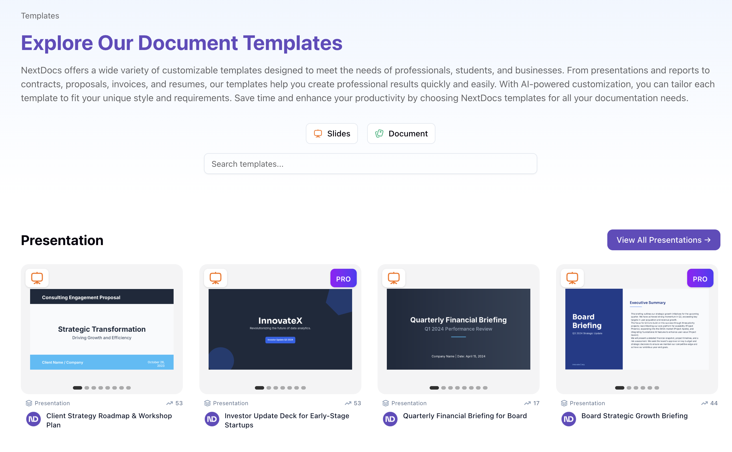 بیش از ۱۰۰۰ قالب حرفهای در ۱۸ صنعت مختلف — آماده استفاده با هوش مصنوعی