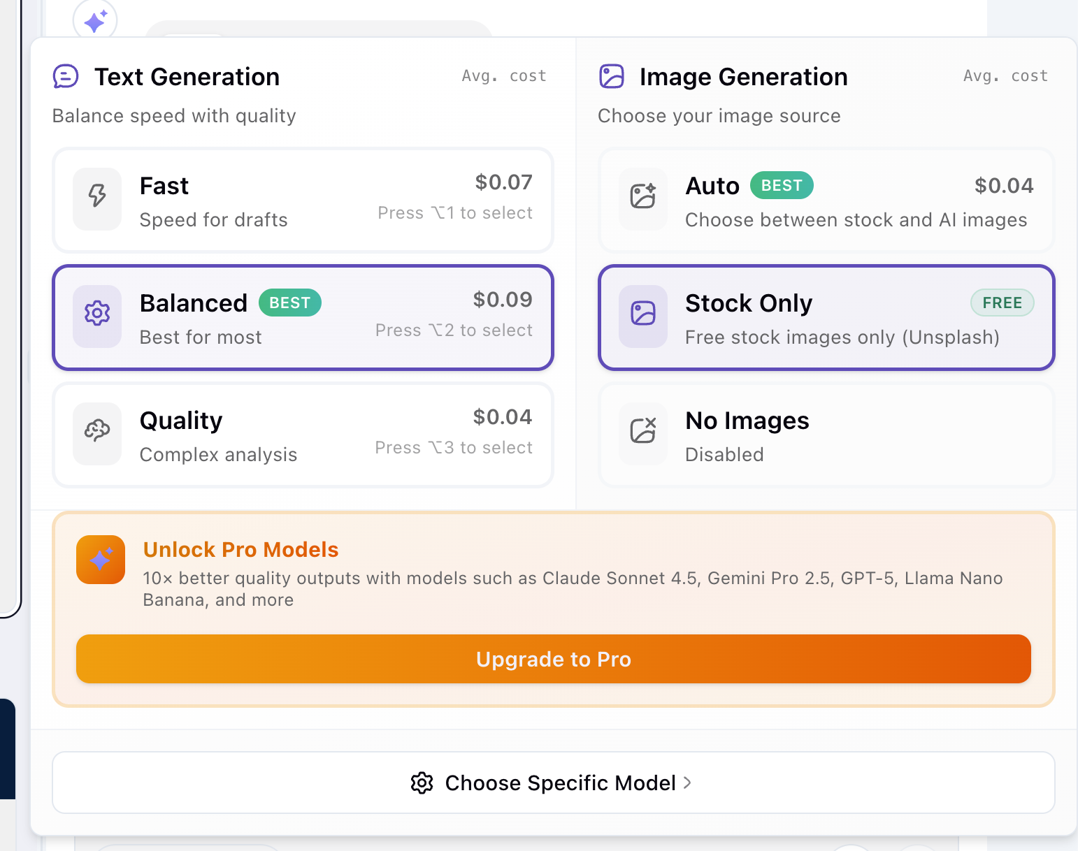 Model selector modes