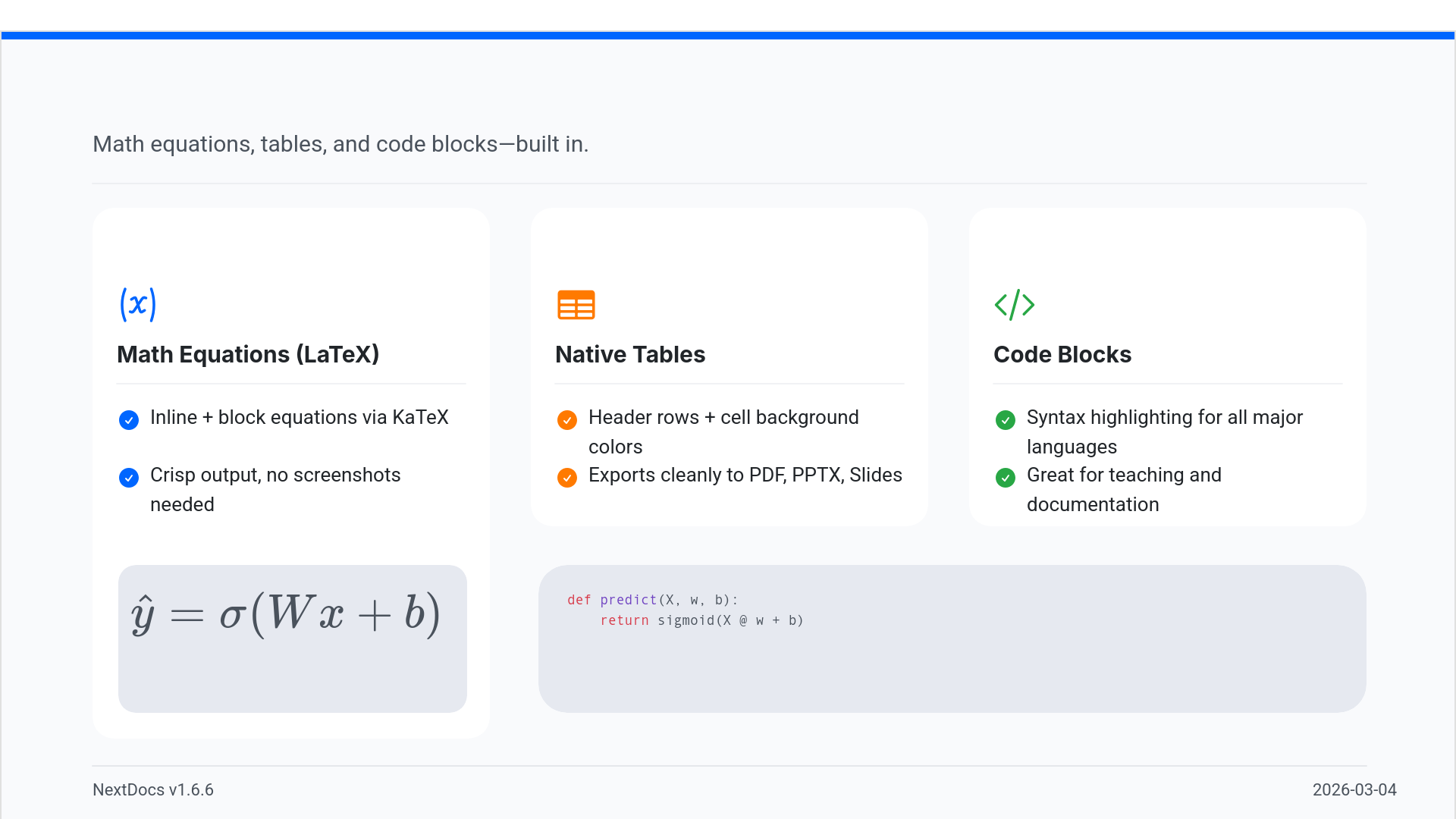 NextDocs v1.6.6: Mathematische Gleichungen, Tabellen und Code-Blöcke