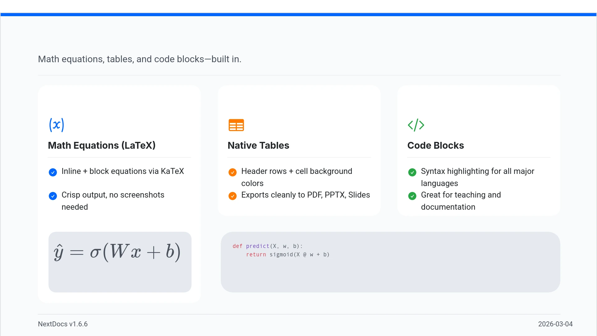 NextDocs v1.6.6: 数式、表、コードブロック