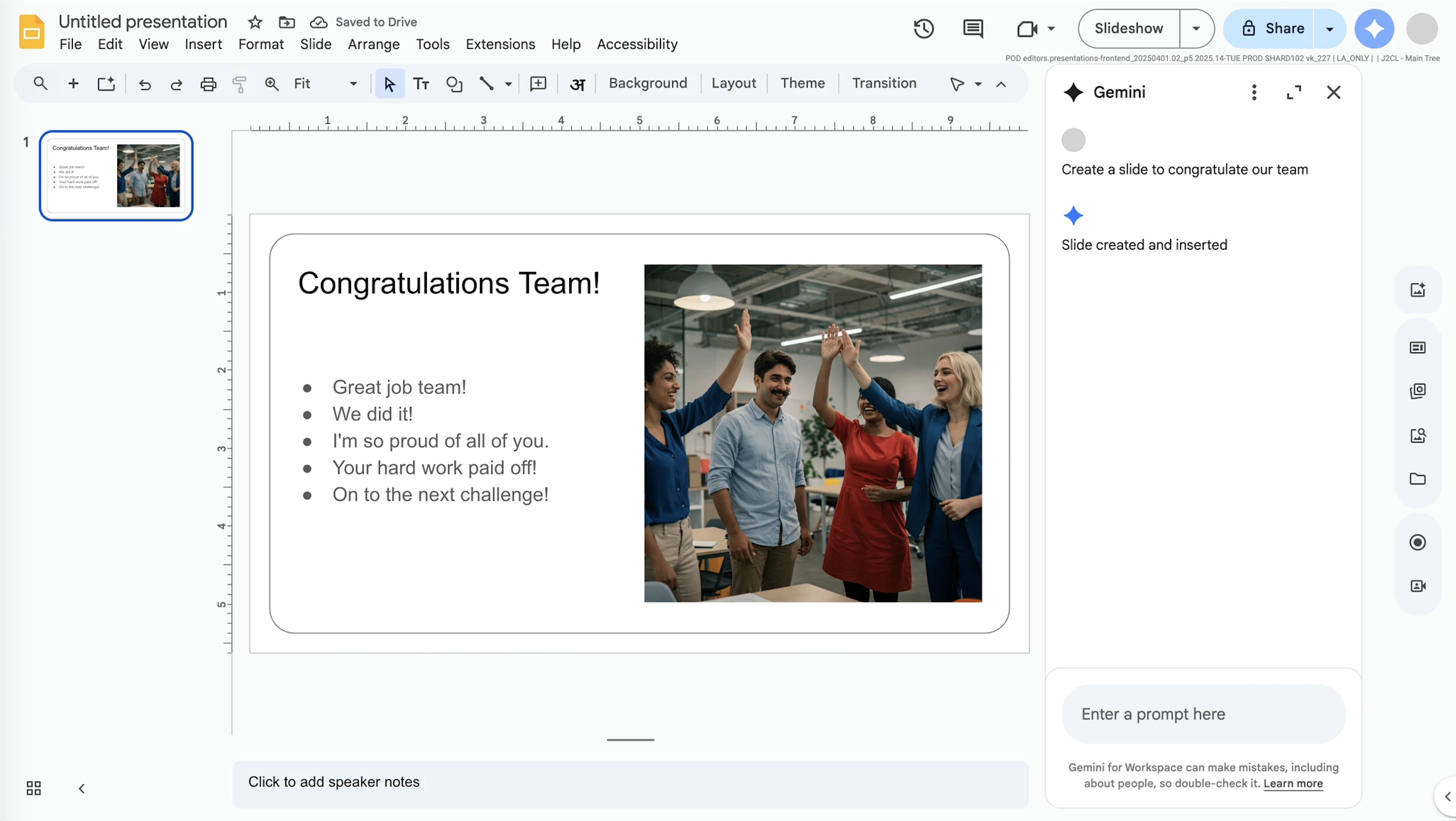 Gemini Google Slides AI slide generation