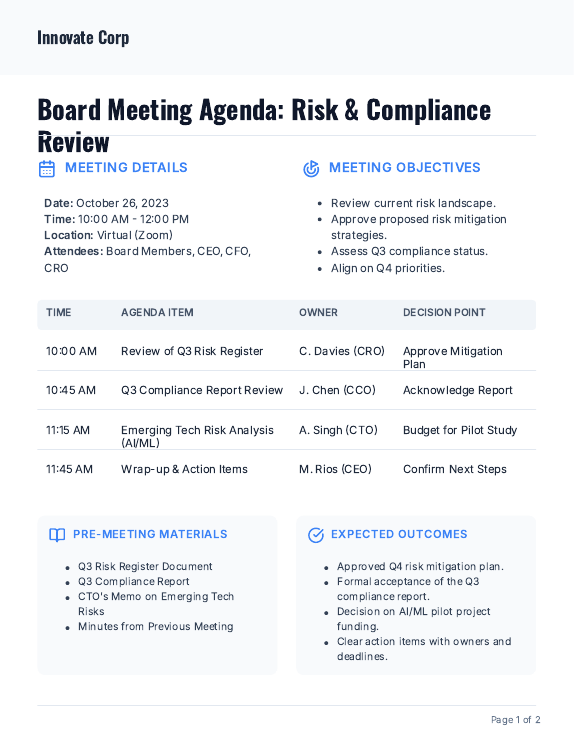 Board Meeting Agenda: Risk & Compliance Review