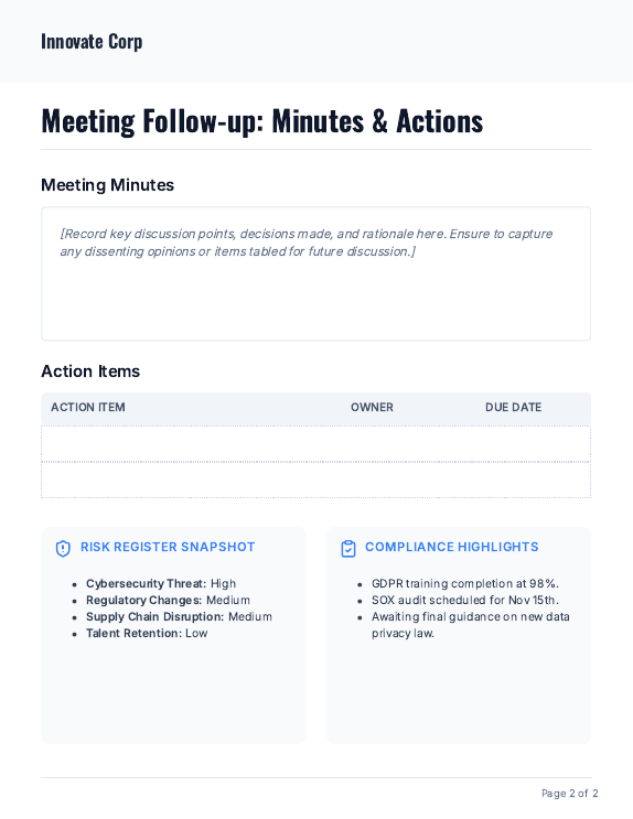 Board Meeting Agenda: Risk & Compliance Review