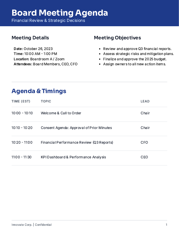 Board Meeting Financial Review Agenda