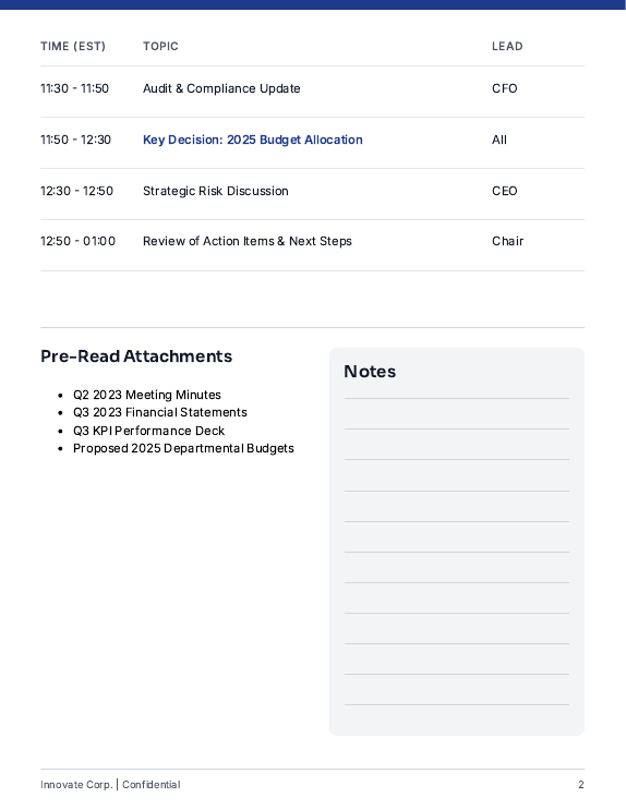 Board Meeting Financial Review Agenda