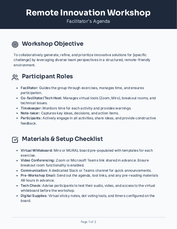 Facilitator Agenda for Remote Innovation Workshop