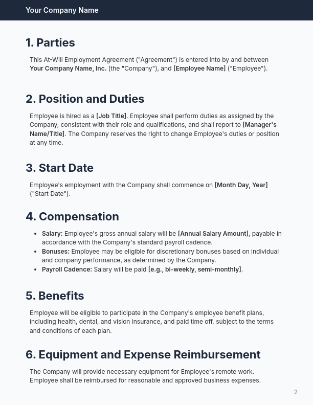 At-Will Employment Agreement for Remote Hires