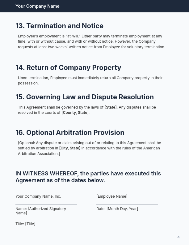 At-Will Employment Agreement for Remote Hires