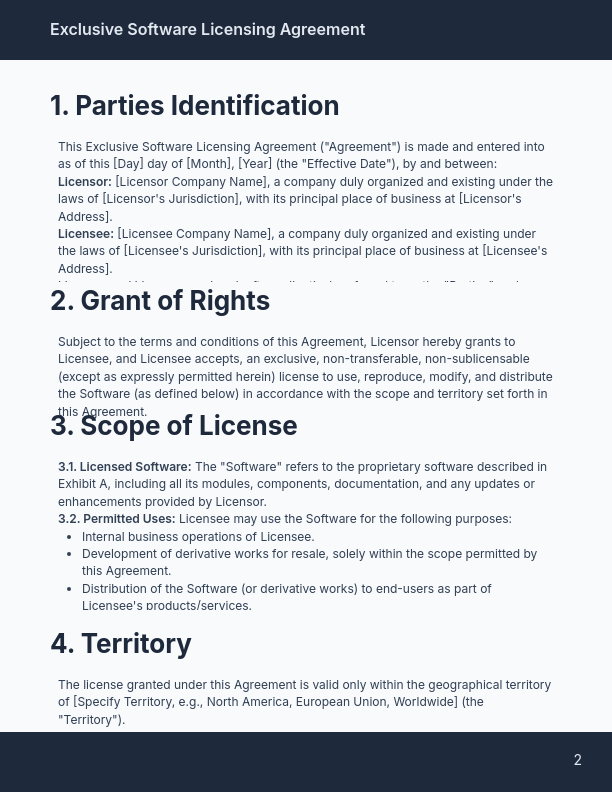 Exclusive Software License (Royalty Terms)