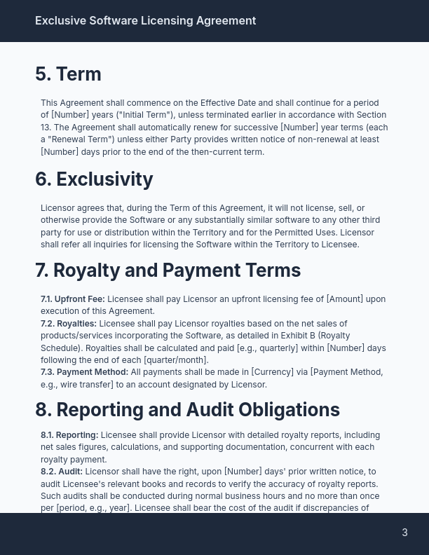 Exclusive Software License (Royalty Terms)