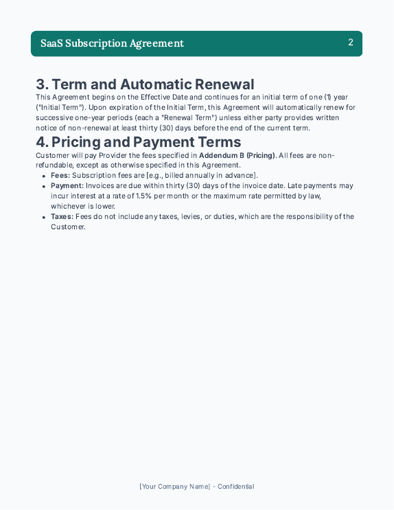 SaaS Subscription Agreement for Startups