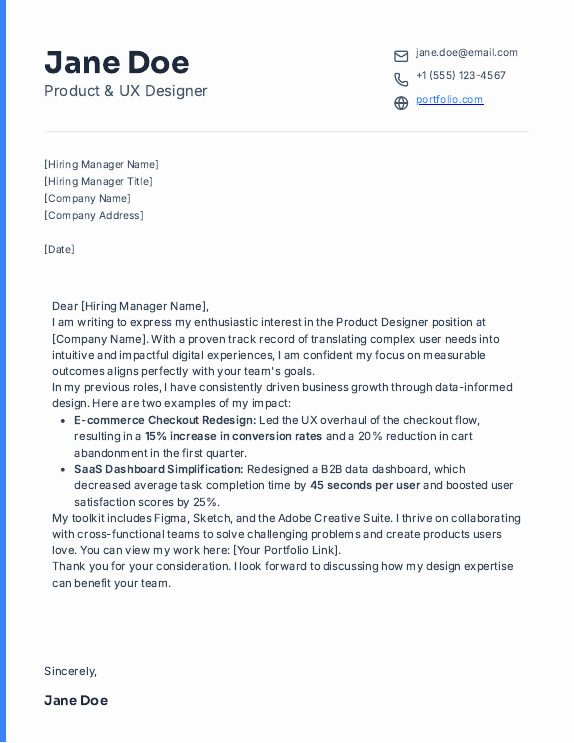 Product Designer Cover Letter — Impact & Metrics
