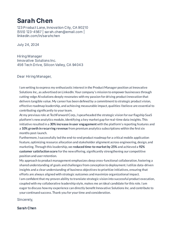 Senior PM Strategy and Metrics Cover Letter