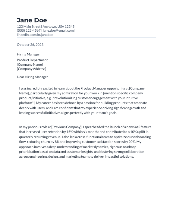 Metrics-Driven Product Manager Cover Letter