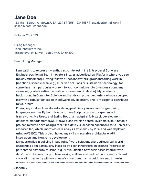 Software Engineer Cover Letter — Early Career Focu