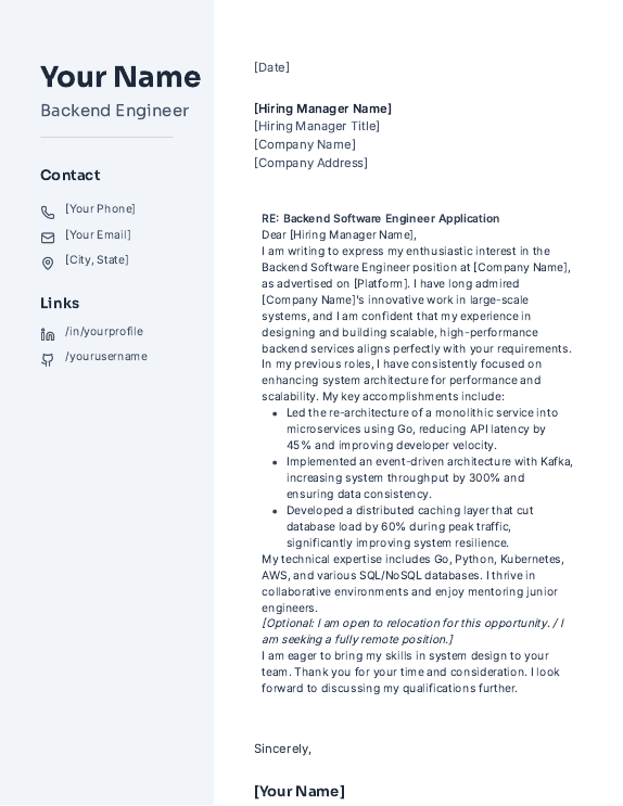 Backend Software Engineer Cover Letter