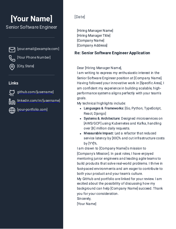 Startup Senior Software Engineer Cover Letter