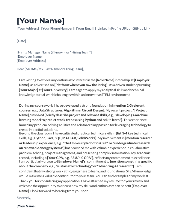 Student Internship Cover Letter (STEM Focus)