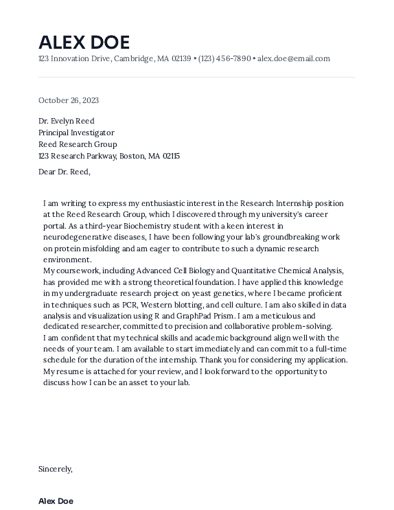 Student Cover Letter for Research Internships