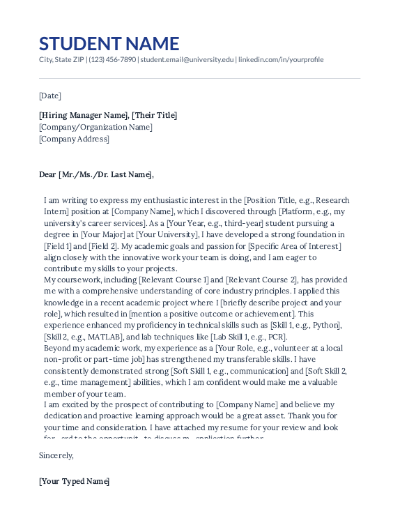 Student Cover Letter for Research Internship