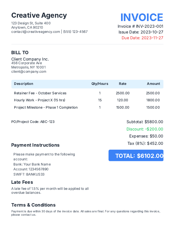 Agency Invoice for Retainers & Projects