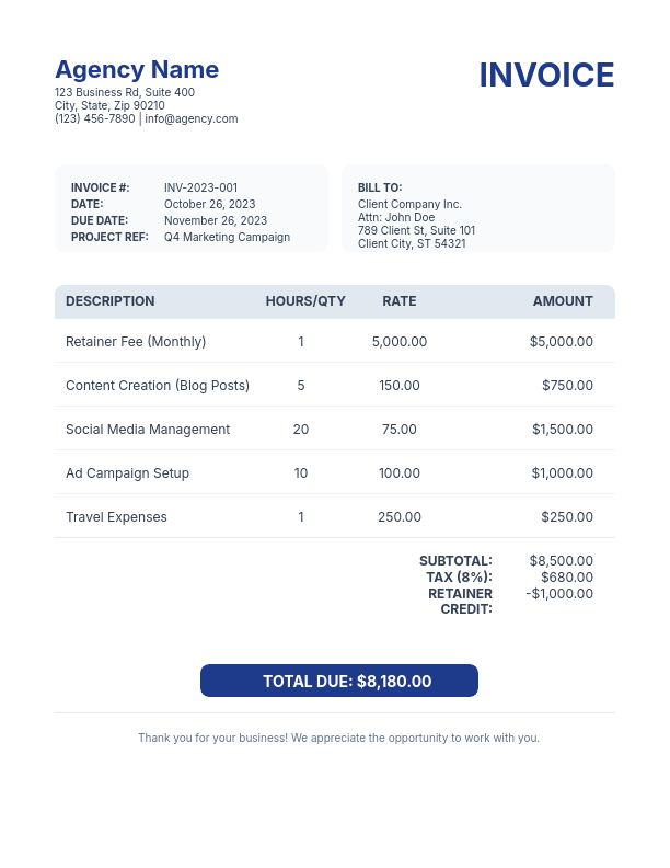 Agency Invoice: Retainer & Itemized Billing