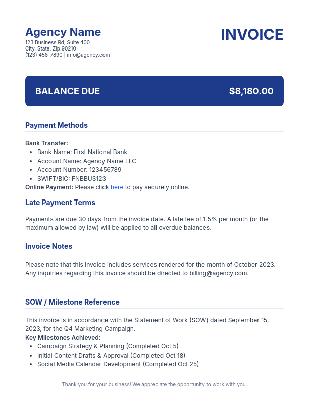 Agency Invoice: Retainer & Itemized Billing