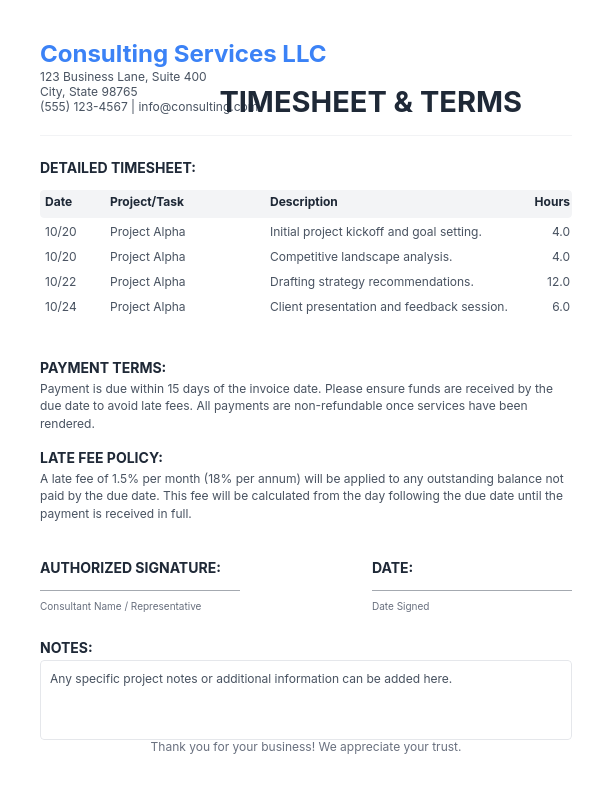 Consultant Invoice — Hourly & Itemized