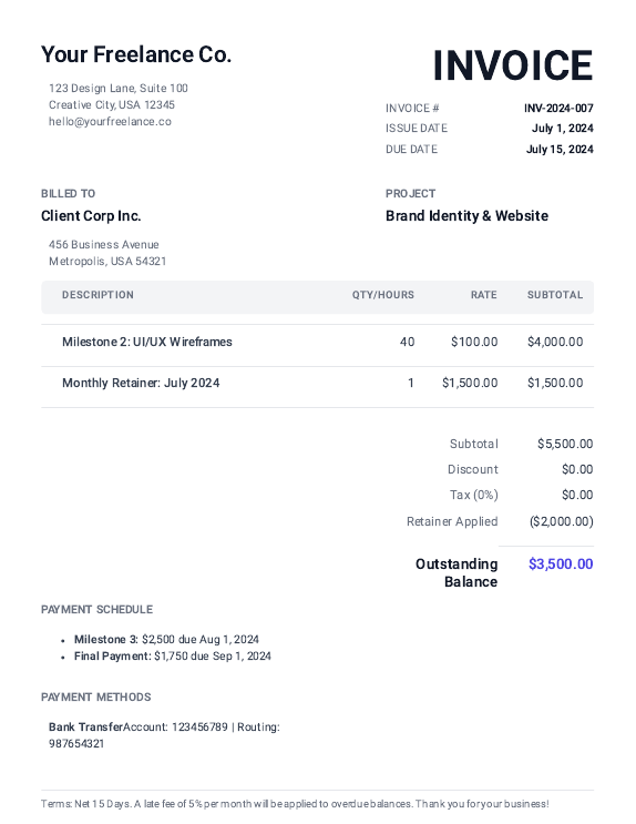 Freelance Invoice for Milestone & Retainer
