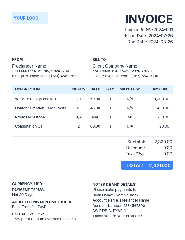 Freelance Invoice - Hourly & Milestone Billing