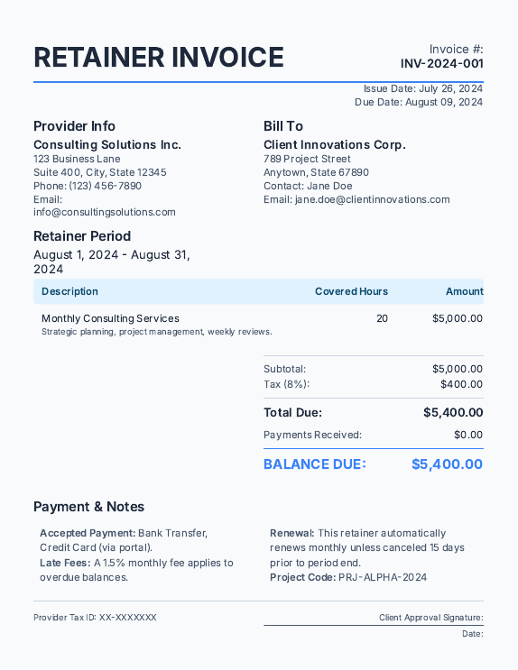 Monthly Consultant Retainer Invoice
