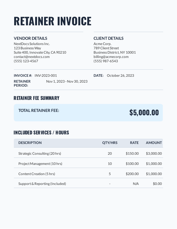 Service Retainer Invoice with Scope & Milestones