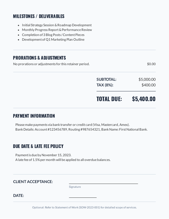 Service Retainer Invoice with Scope & Milestones