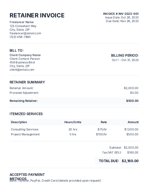 Retainer Invoice for Freelance Consultants
