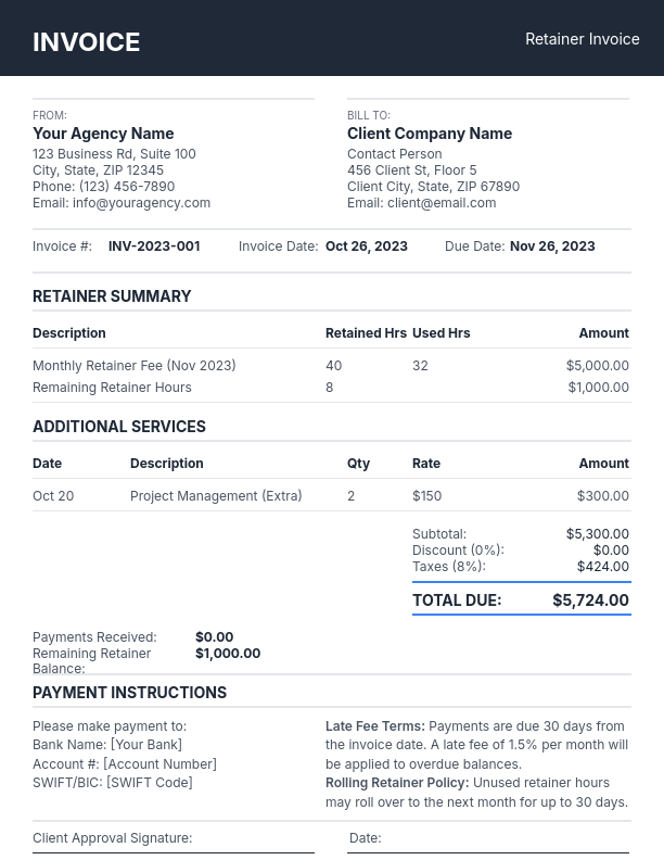 Agency Retainer Invoice with Milestone Billing