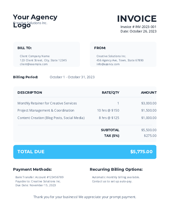 Creative Agency Monthly Retainer Invoice