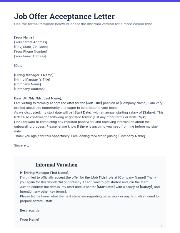 Job Offer Acceptance — Formal Reply