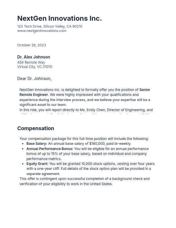 Senior Remote Engineer Offer Letter (Equity)