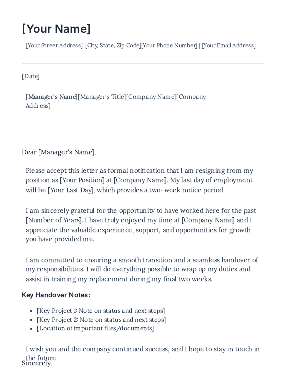 Resignation Letter with Transition Plan