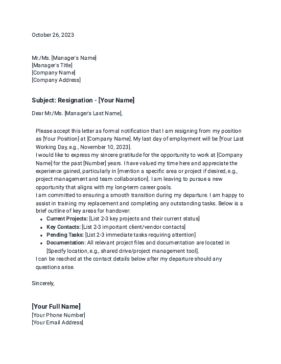 Resignation Letter with Transition Plan