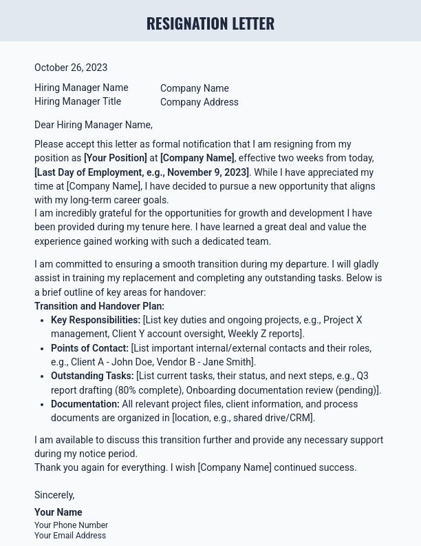 Resignation Notice with Transition Plan