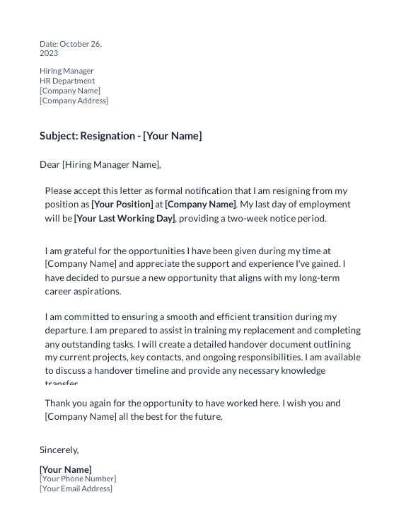 Resignation Letter with Transition Plan