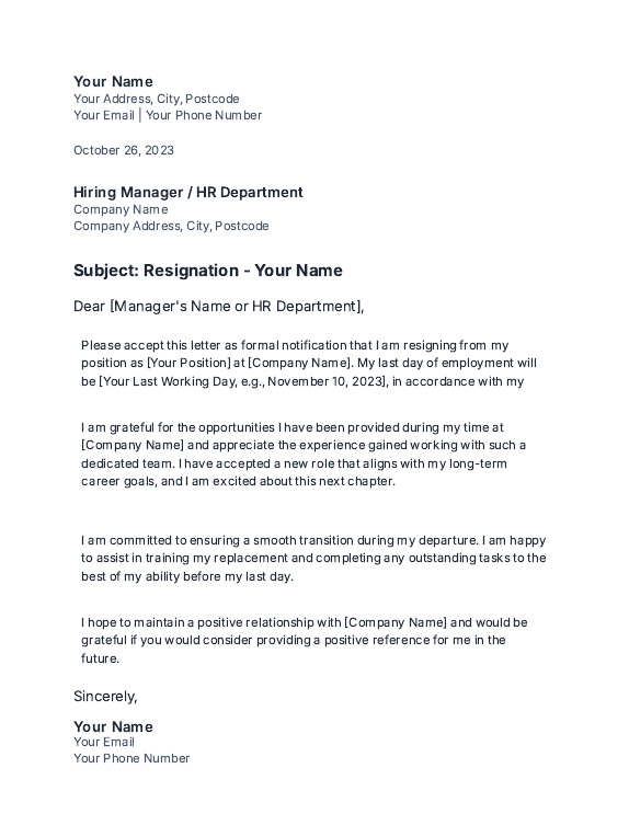 Resignation Letter — Positive Reference Request