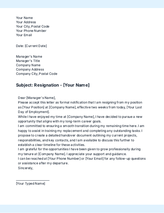 Resignation Letter with Transition Plan