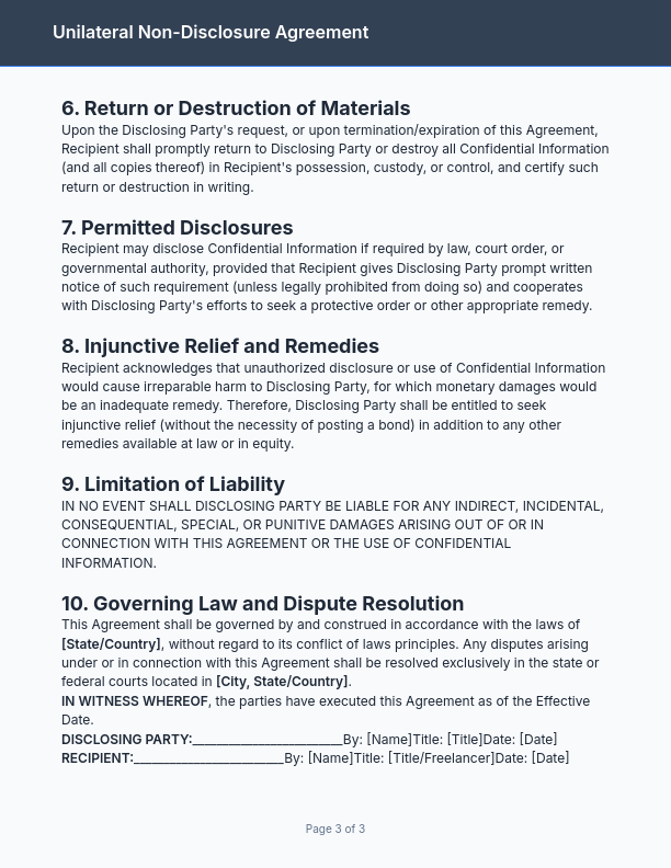 Unilateral NDA for Freelance Contractors