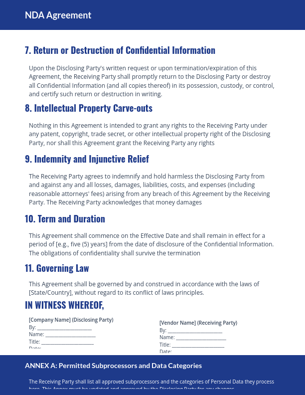 Vendor NDA for Data & Subprocessors
