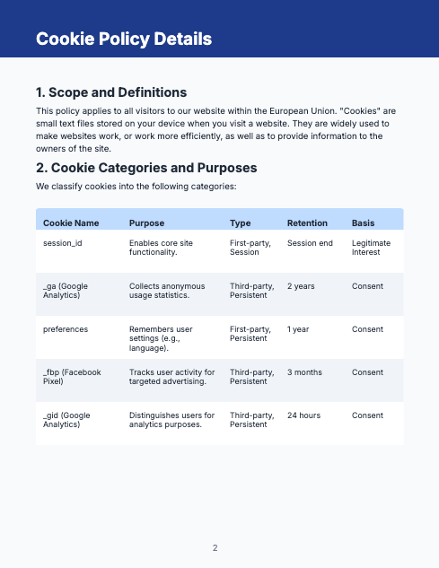 Website Cookie Policy for EU Compliance
