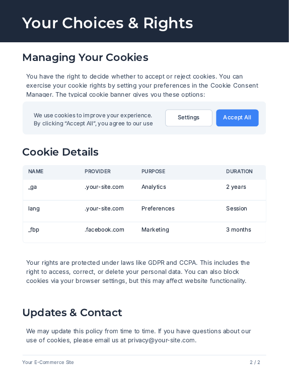 E-commerce Cookie Consent & Settings