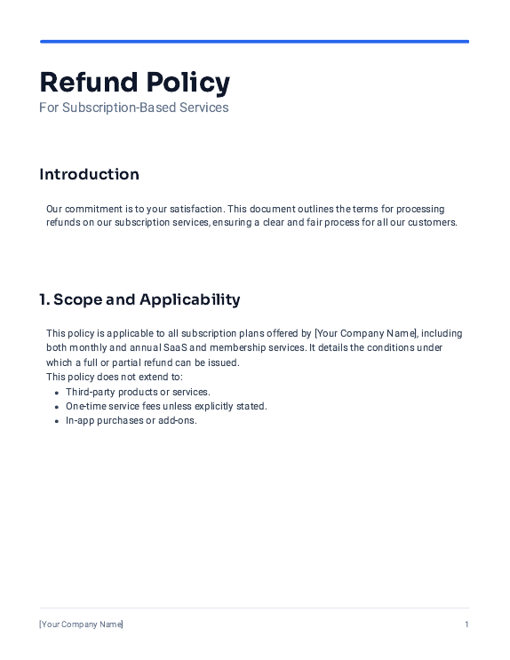 Subscription Refund Policy for SaaS