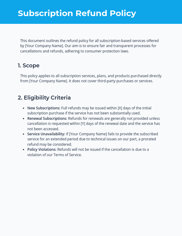 Customer Refund Policy for Subscription Services